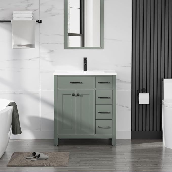 LUCKWIND 30" Modern Bathroom Vanity with Sink Combo, Contemporary Painted Storage Cabinet and Single White Sink, Include Soft-Closing Doors & Matte Black Faucet, Green