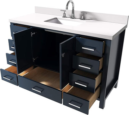 ARIEL Cambridge 54-inch Bathroom Vanity with Sink,Solid Wood, 1.5-inch Pure White Quartz Countertop, Single Rectangular Porcelain Sink, 2 Soft Closing Doors, 9 Dovetail Drawers, Midnight Blue
