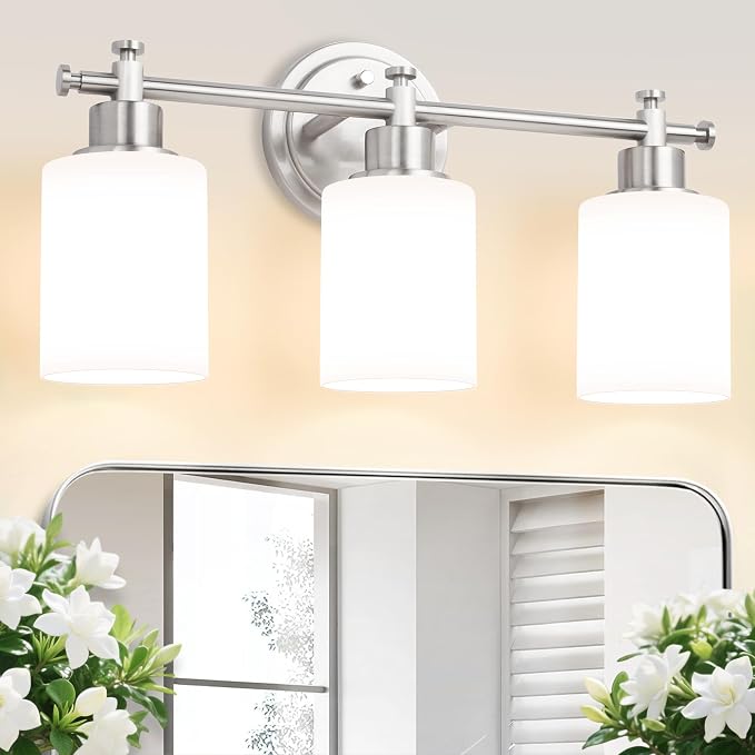 3-Light Bathroom Vanity Light Fixture, Brushed Nickel Bathroom Wall Sconce | 17.5 In Bathroom Vanity Light Fixture, Brushed Nickel Bathroom Wall Light over Mirror, Anti-Rust(Bulbs Not Included, E26)
