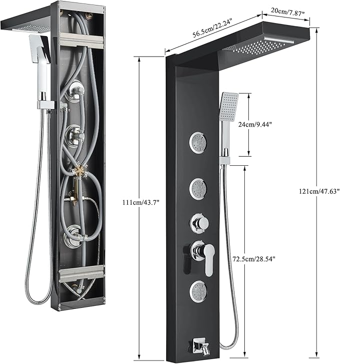AlenArt Shower Panel Tower System, Multi Function Shower System with Body Jets, Handheld Sprayer, Rainfall Waterfall Shower Head and Tub Spout Stainless Steel Wall Mount Shower Panels Black