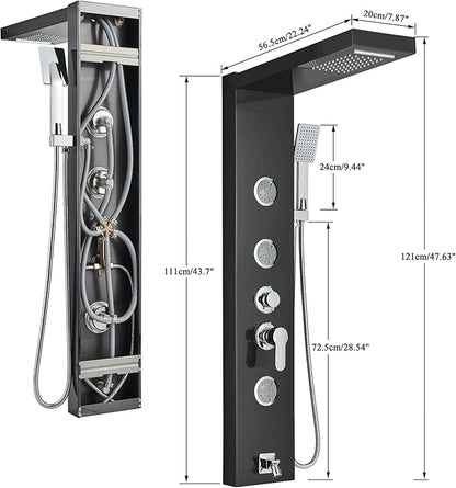 AlenArt Shower Panel Tower System, Multi Function Shower System with Body Jets, Handheld Sprayer, Rainfall Waterfall Shower Head and Tub Spout Stainless Steel Wall Mount Shower Panels Black