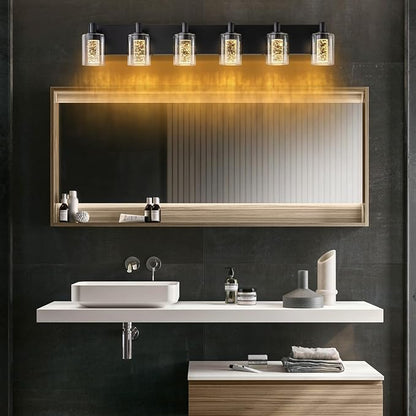SineRise Vanity Light with 3 Color Modes (3000K/4000K/6000K), Eye Protection LED Bathroom Light Fixture, Dimmable Modern Wall Light Over Mirror with Clear Glass Shade (Black, 6-Light)