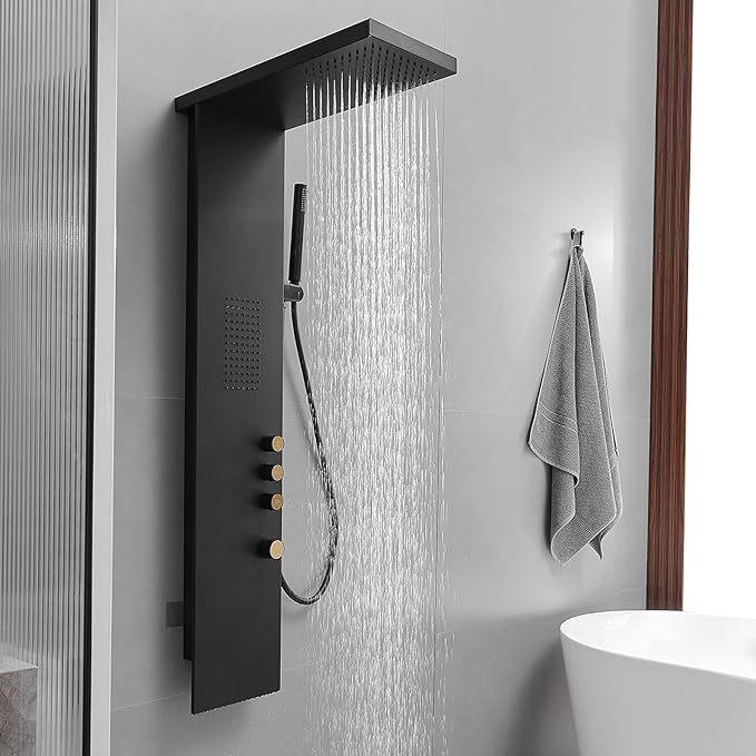 3 in 1 Shower Panel Tower System with Rainfall Shower Head, Handheld Shower Wand and Body Spray Stainless Steel Shower Tower Multi-Function Shower Panels for Bathroom, Black
