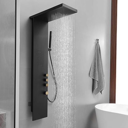 3 in 1 Shower Panel Tower System with Rainfall Shower Head, Handheld Shower Wand and Body Spray Stainless Steel Shower Tower Multi-Function Shower Panels for Bathroom, Black