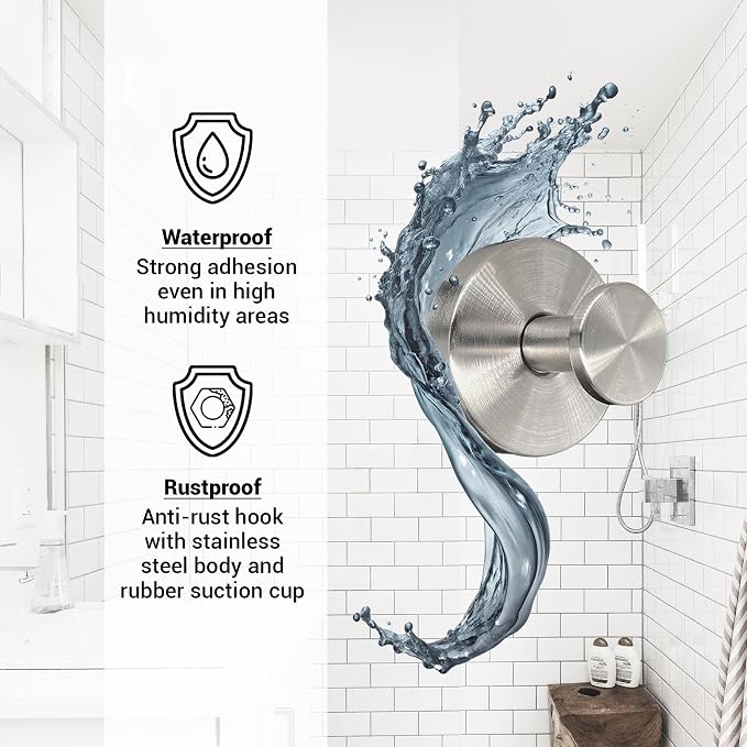 Suction Cup Hooks for Shower - 2 Pack, Matte Chrome - Stainless Steel, Strong Suction, No Drill, Removable Hanger, Tile Bathroom Kitchen Wall, Glass Door, Mirror Hook Hanging Robe, Towel Holder