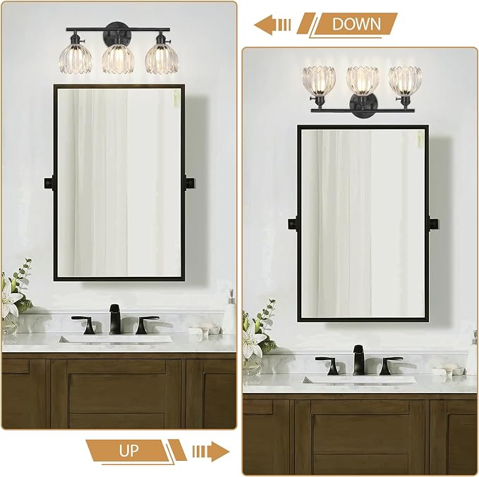 Matte Black 3 Light Bathroom Vanity Light,18.8in Modern Bathroom Lighting Fixtures Over Mirror with Tulip Crystal Glass Shade,Vintage Vanity Lights for Bathroom for Living Room（not include Bulbs)
