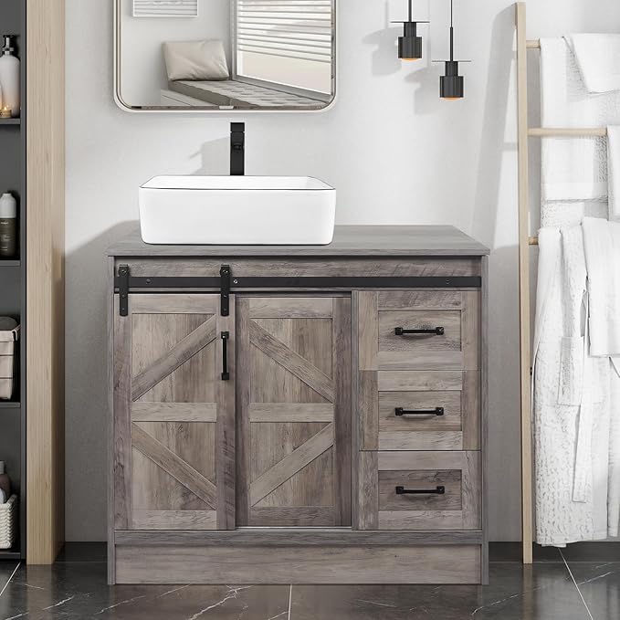 36 Inch Barn Door Bathroom Vanity, Farmhouse Style Standing Pedestal Cabinet with Square White Ceramic Vessel Sink