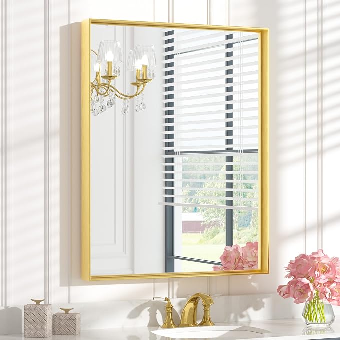 Keonjinn 28x36 Inch Gold Bathroom Mirror for Over Sink, Vanity Mirror | HD Tempered Glass, Rectangular, Brushed Framed, Square Corner, Modern Farmhouse, Wall Mounted Mirrors, Aluminum Alloy