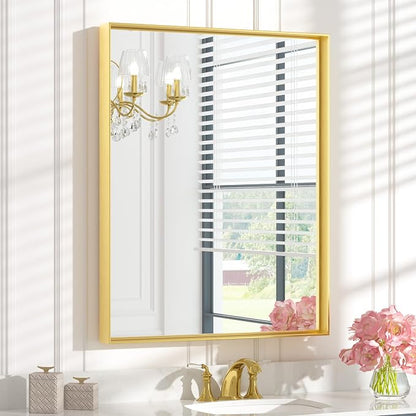 Keonjinn 28x36 Inch Gold Bathroom Mirror for Over Sink, Vanity Mirror | HD Tempered Glass, Rectangular, Brushed Framed, Square Corner, Modern Farmhouse, Wall Mounted Mirrors, Aluminum Alloy