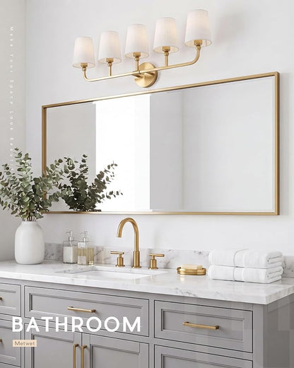 5-Light Brushed Gold Bathroom Vanity Light with Linen Fabric Shade | 35 Inch gold bathroom light fixture over mirror, UL listed, E26 bulbs, hardwired, upward only, VL837-BG-A-5