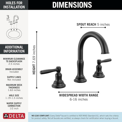 Delta Roe Matte Black Bathroom Faucet 3 Hole, 8 Inch Widespread Bathroom Sink Faucet for Vanity, Push-Pop Drain Assembly, Matte Black 35985LF-BL