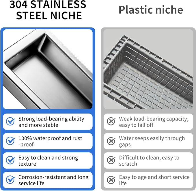 304 Stainless Steel Recessed Matte Black Shower Niche 12" X 12" | Wall-Inserted, Waterproof Rustproof Bathroom Shower Niche Insert No Tile Needed, for Shower & Bathroom Storage