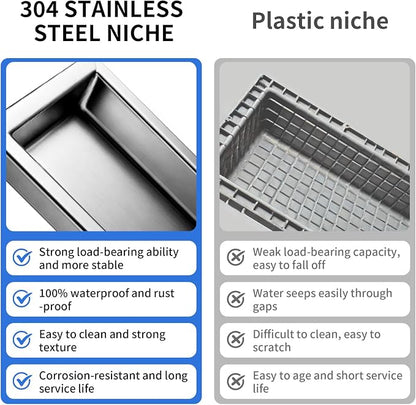 304 Stainless Steel Recessed Matte Black Shower Niche 12" X 12" | Wall-Inserted, Waterproof Rustproof Bathroom Shower Niche Insert No Tile Needed, for Shower & Bathroom Storage