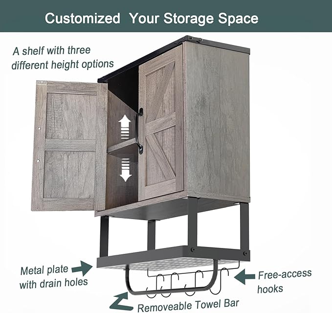 Over The Toilet Storage Cabinet, Bathroom Above Toilet Cabinet Organizer with Doors and Adjustable Shelves, Bathroom Shelf Organizer with Anti-Tip Device & Drain Rack, White (Brown)