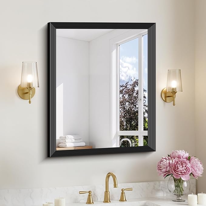 Black Bathroom Mirror 24 x 30 Inch Rectangle Wave Beveled Frame for Wall Bathroom Vanity Mirror for Over Sink, Tempered Glass,for Entryway Hangs, Bathroom Living Room Horizontal or Vertical