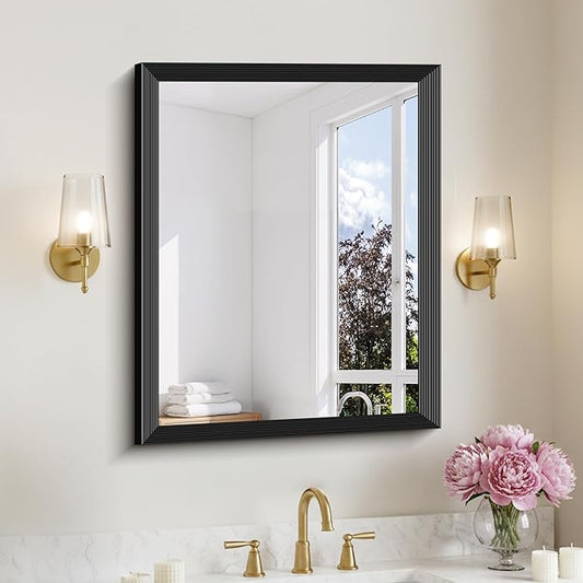 Black Bathroom Mirror 24 x 30 Inch Rectangle Wave Beveled Frame for Wall Bathroom Vanity Mirror for Over Sink, Tempered Glass,for Entryway Hangs, Bathroom Living Room Horizontal or Vertical