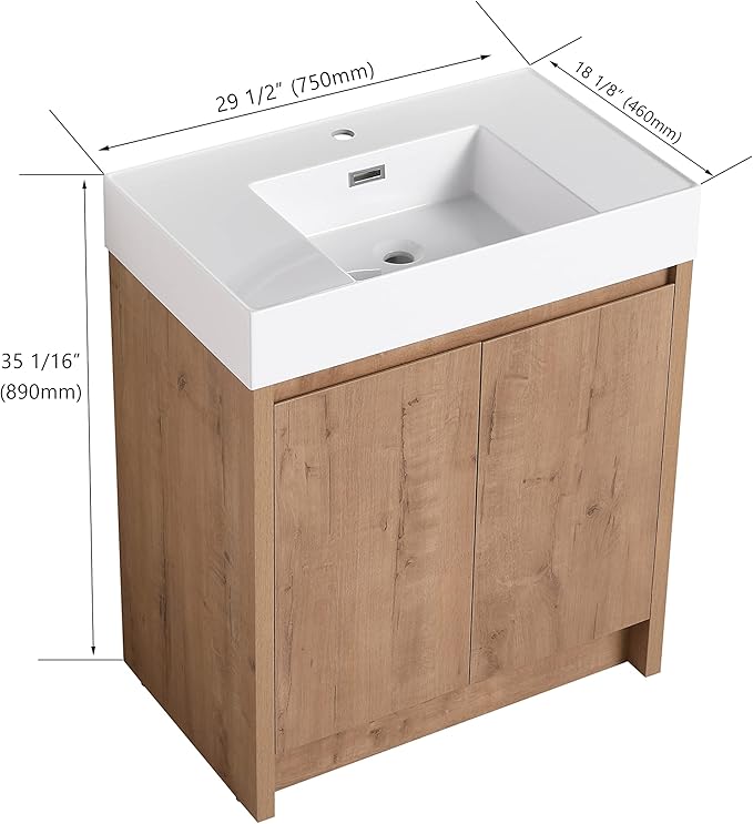 30 Inch Bathroom Vanity with Sink, 30" Mordern Freestanding Bathroom Vanity, Bathroom Single Sink Vanity Combo, Brown Floor Stand Bath Cabinet Set with Soft-Closing Doors, Adjustable Shelf (03630MA)
