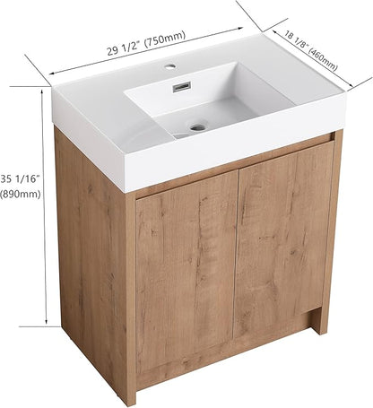 30 Inch Bathroom Vanity with Sink, 30" Mordern Freestanding Bathroom Vanity, Bathroom Single Sink Vanity Combo, Brown Floor Stand Bath Cabinet Set with Soft-Closing Doors, Adjustable Shelf (03630MA)