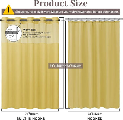 SORTTO No Hook Slub Shower Curtain with Liner, 71x74, Yellow | Snap in Liner, 3 in 1, Bamboo Texture, Hotel Style, Waterproof Fabric, Mesh Top Window, Corner Magnets, Machine Washable