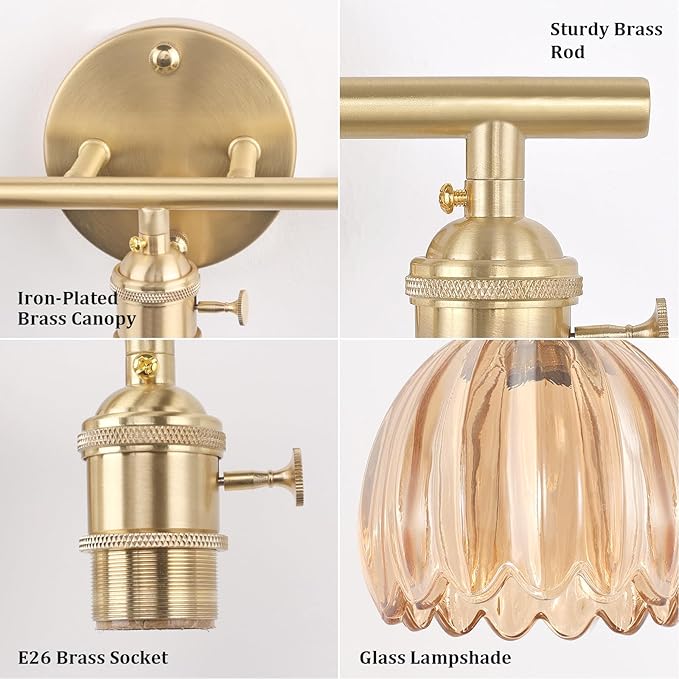 Bathroom Light Fixtures, 2-Light Brass Vanity wall Light Over Mirror with Amber Tulip Glass Shade for Bedroom Living Room (Bulb Not Included)