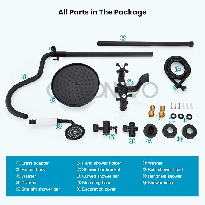 gotonovo Exposed Bathroom Shower System Vintage Shower Fixture 8 Inch Rainfall Shower Head Handheld Spray Tub Filler Brass Pipe 3-Function Wall Mount Double Cross Knobs Matte Black