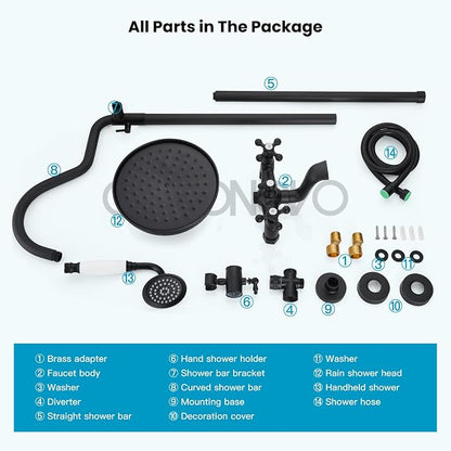 gotonovo Exposed Bathroom Shower System Vintage Shower Fixture 8 Inch Rainfall Shower Head Handheld Spray Tub Filler Brass Pipe 3-Function Wall Mount Double Cross Knobs Matte Black