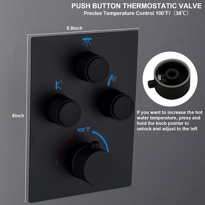 Dual Shower Heads Shower System with 16" Ceiling Mounted Rain Shower Head & 6" Wall Mounted Head Full Body Shower System 3 Way Thermostatic Shower Valve Can All Run Together, Matte Black