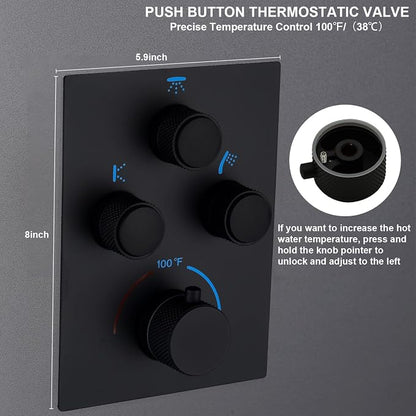 Dual Shower Heads Shower System with 16" Ceiling Mounted Rain Shower Head & 6" Wall Mounted Head Full Body Shower System 3 Way Thermostatic Shower Valve Can All Run Together, Matte Black