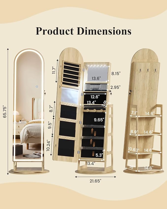 LVSOMT LED Arched Mirror Jewelry Cabinet Standing, Lockable Jewelry Armoire | 360° Swivel Full-Length Mirror with Storage, Large Jewelry Organizer Mirror, Foldable Makeup Shelf, Gift for Women, Wood
