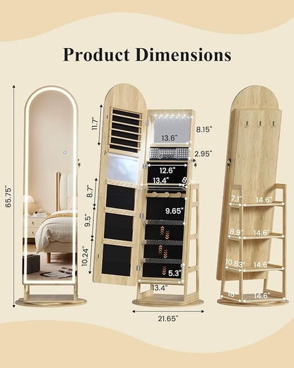LVSOMT LED Arched Mirror Jewelry Cabinet Standing, Lockable Jewelry Armoire | 360° Swivel Full-Length Mirror with Storage, Large Jewelry Organizer Mirror, Foldable Makeup Shelf, Gift for Women, Wood