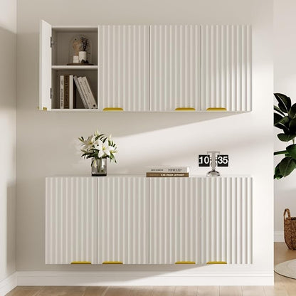 ChooChoo Bathroom Wall Cabinet, Laundry Room Cabinet with 4 Fluted Doors | Kitchen Storage Cupboard Cabinet with Adjustable Shelf, Fluted Wall-Mounted Medicine Cabinet for Kitchen, Garage, White