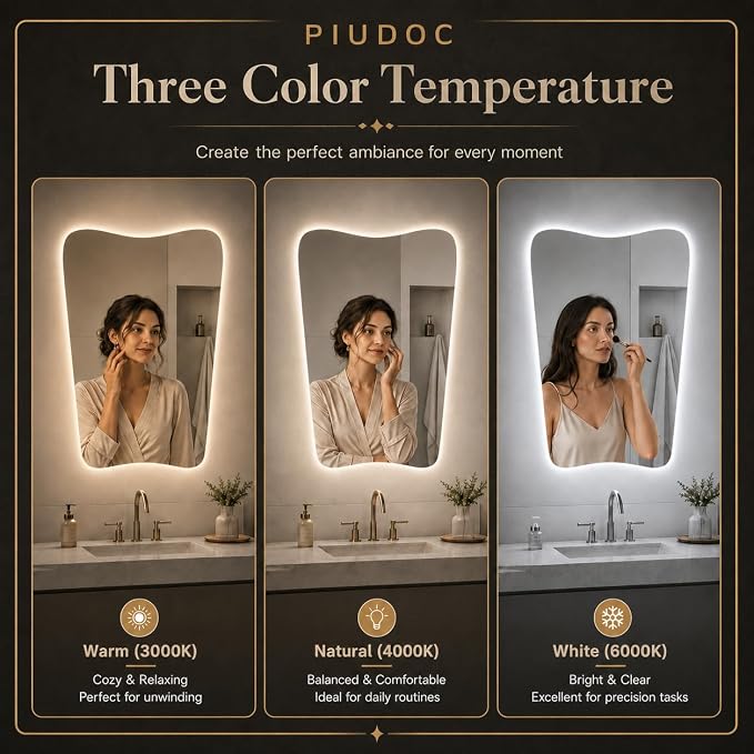 Irregular LED Bathroom Mirror, 24x36 Inch Asymmetrical Frameless Backlit Vanity Mirror with Anti-Fog, Dimmable 3-Color Lights, Tempered Glass, Touch Control, Vertical Wall Mounted
