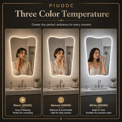 Irregular LED Bathroom Mirror, 24x36 Inch Asymmetrical Frameless Backlit Vanity Mirror with Anti-Fog, Dimmable 3-Color Lights, Tempered Glass, Touch Control, Vertical Wall Mounted