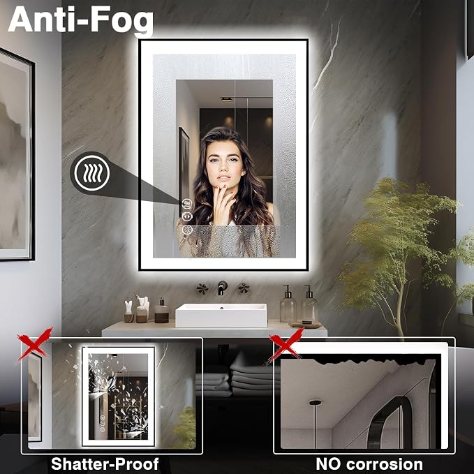 EchosLife 24x32 LED Bathroom Mirrors for Wall - Black Aluminum Framed | Black Frame, Front and Backlit, Anti-Fog, Stepless Dimmable, 3 Colors, Memory, Tempered Glass, UL Listed, Horizontal/Vertical