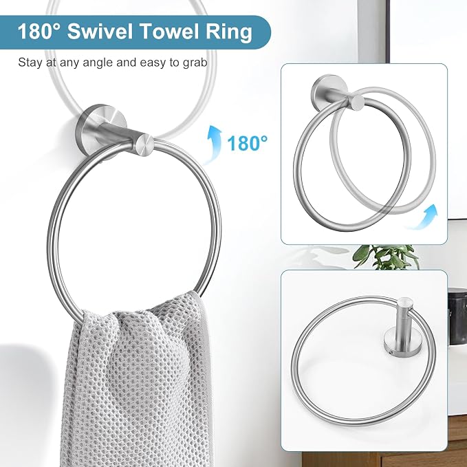TQKAG Brushed Nickel Bathroom Hardware Set, 6-Piece Towel Bar Set 23.6 Inch | Towel Bar Set, Wall Mounted, Bathroom Accessories Set Include Paper Holders, Towel Rings, Towel Hooks, SUS304 Stainless Steel