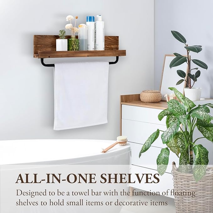 MyGift Bathroom Shelf with Towel Bar 22 Inch, Bath Towel Holder Rack Hanger, Wall Mounted Bathroom Display Storage Shelf, Rustic Burnt Wood with Industrial Metal Pipe