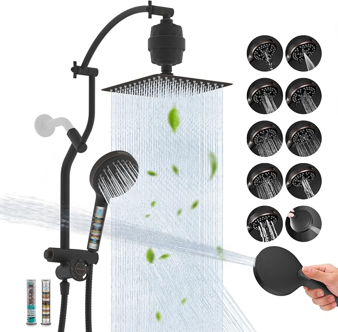 Hibbent 10'' Dual-Filter Showerhead & 10-Mode Handheld, Oil-Rubbed Bronze | All Metal Stainless Steel Rain Showerhead, 4-way Diverter, Heightened All Metal Extension Arm, 71'' Hose & Holder, Easy Reach