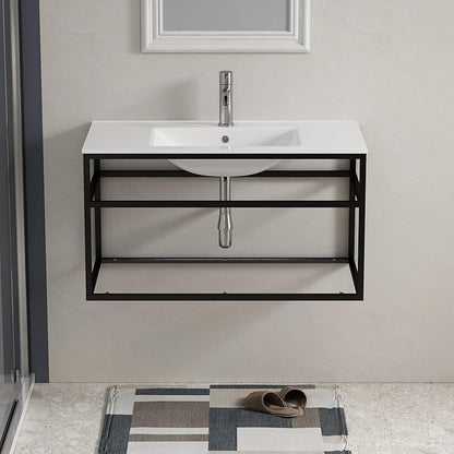 wonline 36" Bathroom Vanity Metal Frame with Sink Top, Floating Vanity with Open Shelf, Modern Wall Mounted Bathroom Cabinet Set with White Sink