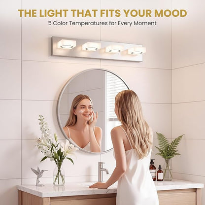 Bathroom Vanity Light, 4-Light 31 Inch Brushed Nickel 5CCT 2700-6500K LED Bathroom Light Fixtures Over Mirror, Vanity Lighting Modern Bath Wall Sconce for Mirror Bedroom Living Room