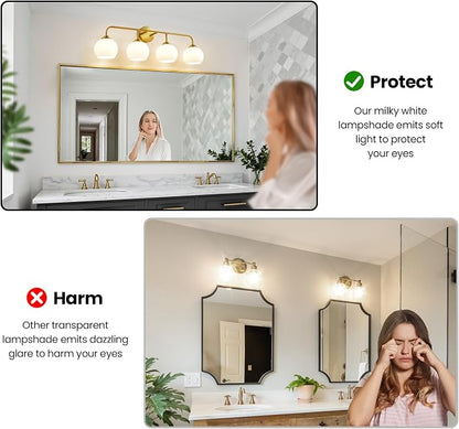 RUIYEY Bathroom Vanity Light Fixtures: 4 Lights Brushed Gold Ribbed Lantern Vanity Lights for Bathroom, E26 60W Hardwired Wall Sconce Lighting with Frosted Milky Glass Over Mirror (Exclude Bulb)
