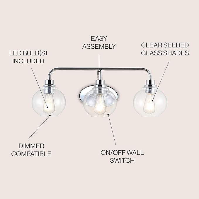 JONATHAN Y 26.25" Chrome Farmhouse LED Vanity Light Wall Sconce for Bathroom, Clear Seeded Glass Shade, Industrial Iron Indoor Fixture, LED Bulb Included (JYL7528B)