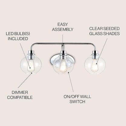 JONATHAN Y 26.25" Chrome Farmhouse LED Vanity Light Wall Sconce for Bathroom, Clear Seeded Glass Shade, Industrial Iron Indoor Fixture, LED Bulb Included (JYL7528B)