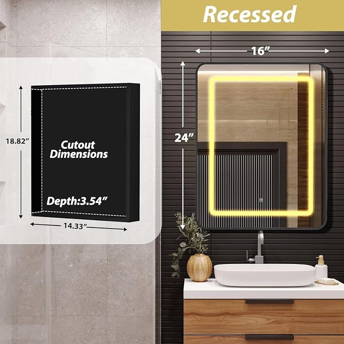 ROOMTEC 16 x 24 Inch Medicine Cabinet Mirror with LED Lights, Black Bathroom Medicine Cabinet with Mirror and Storage, Recessed or Wall Mount, 3 Color Temperature, Dimmable Light