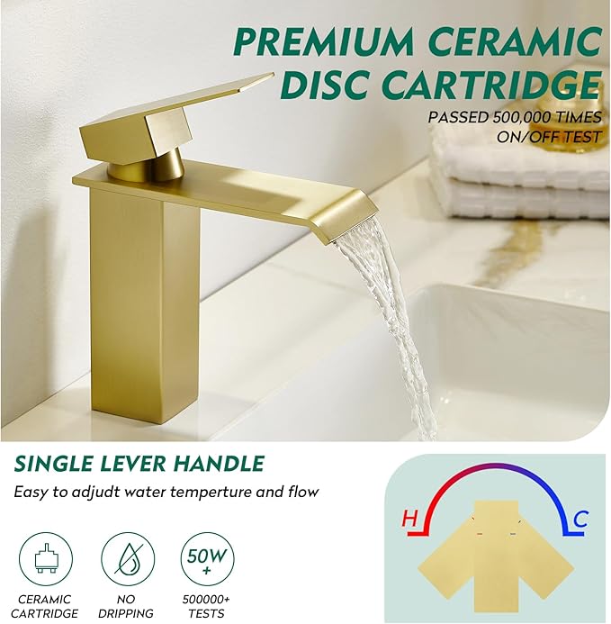 CREA Brushed Gold Bathroom Faucet 1 Hole,Gold Waterfall Bathroom Faucet Single Handle Bathroom Sink Faucet with Drain Stopper/ 3 Hole Deck Plate,RV Basin Vanity Faucet,Stainless Steel