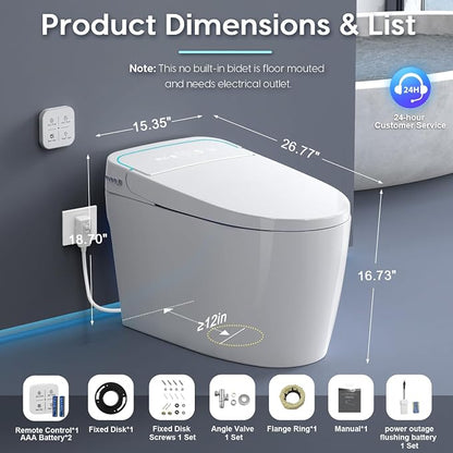 Glendan Smart Toilet Auto Flush: Off Seat Dual Flush One Piece Toilet, Elongated Heated Toilet Seat, Electric Tankless Toilets with Night Light, Remote, Pre Wet, Soft Close Seat&Lid, ADA Height
