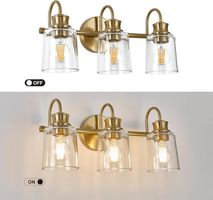 3 Lights Bathroom Light Fixtures Modern Gold Vanity Lights | ETL Certificate, Easy to Install,Wall Mount Up or Down,Thickened Glass Lampshade,E26 Socket,Hardwired