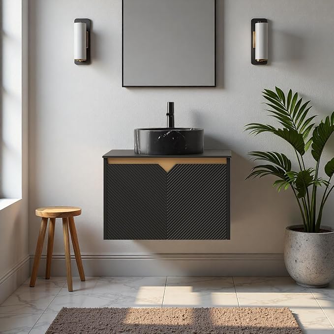 24" Bathroom Vanity with Sink, Wall-Mounted Bathroom Vanity with Black Round Ceramic Vessel Basin, Modern Plywood Floating Vanity with Twill Double Doors, Bathroom Storage Cabinet, Black