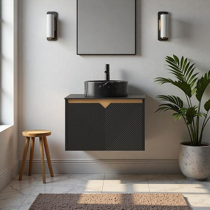 24" Bathroom Vanity with Sink, Wall-Mounted Bathroom Vanity with Black Round Ceramic Vessel Basin, Modern Plywood Floating Vanity with Twill Double Doors, Bathroom Storage Cabinet, Black