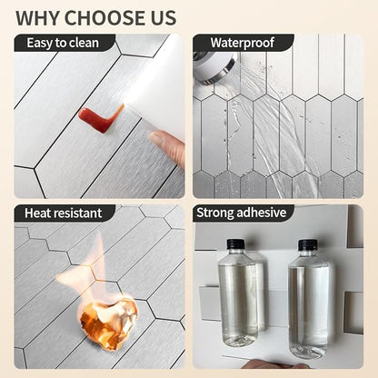 DICOFUN 10 Sheets Brushed Metal Long Hexagon Peel and Stick Backsplash, 12"x12" PVC Stick on Backsplash Wall Tiles for Kitchen and Bathroom