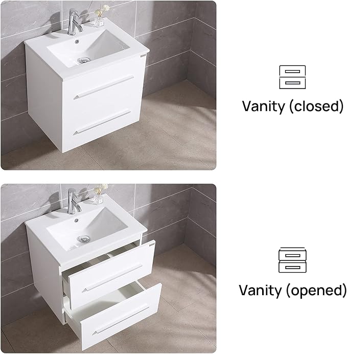 wonline 24" White Wall Mounted Bathroom Vanity Set Two Drawers Storage Cabinet with Ceramic Vessel Sink and Mirror Combo Chrome Faucet